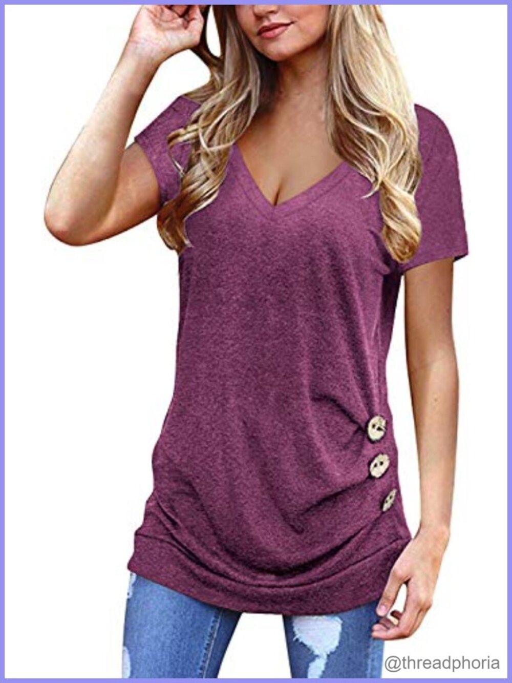 Womens Button V Neck Short Sleeve Tunic Top Loose Fit Casual Blouse